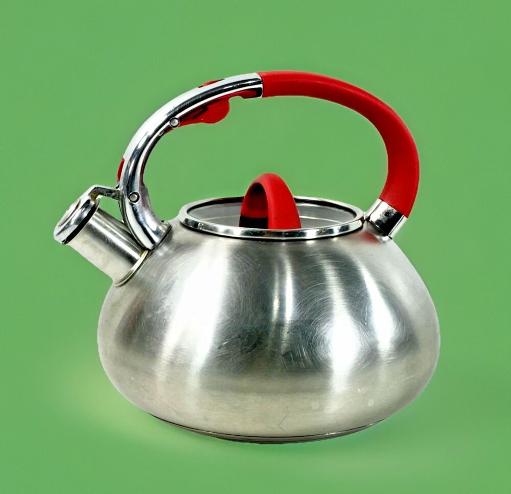 Brandani Whistling Tea Kettle Brushed Stainless Steel Red Soft Touch Handles